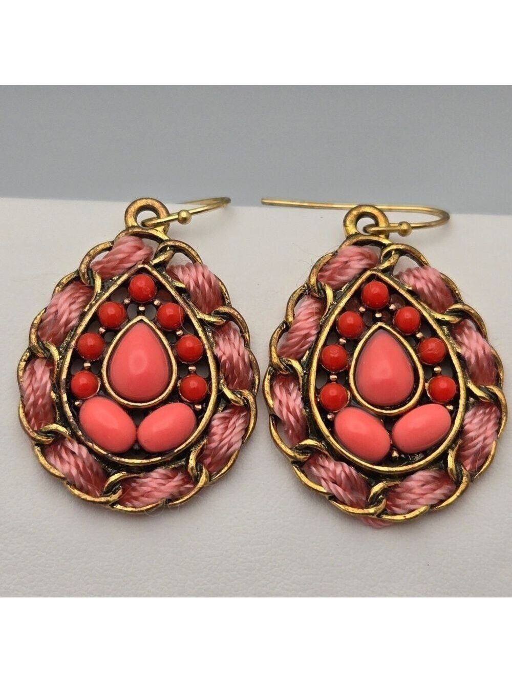 Pink Thread & Coral Accents Stone Dangle Earrings Bronze Tone Hooks